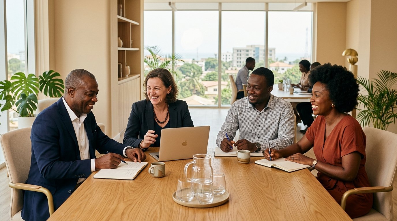 Équipe Humanis Conseils en séance de travail collaborative à Lomé